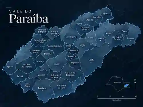 Mapa ilustrado do Vale do Paraíba com municípios da região